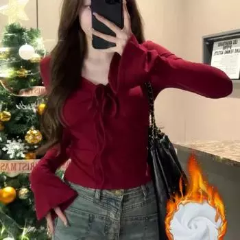 Футболка с бантом и V-образным вырезом, завязывающаяся на шнурок, для женщин, женская облегающая рубашка с расклешенными рукавами, однотонные топы-пуловеры для девочек M