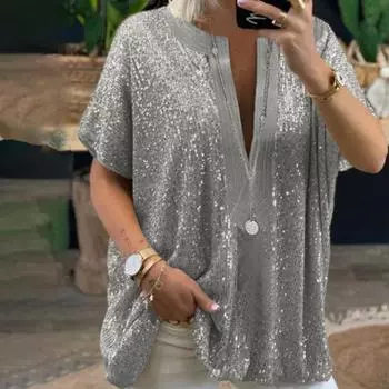 Футболка с блестками, свободная женская блузка с коротким рукавом и блузкой большого размера L золотистый