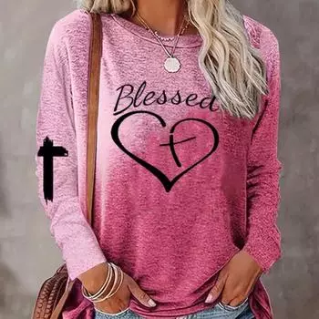 Футболка с буквенным и сердечным принтом, повседневная футболка с круглым вырезом и длинными рукавами, весенне-летняя женская одежда S