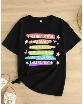 Футболка с буквенным принтом больших размеров, повседневный топ с круглым вырезом и короткими рукавами на весну и лето, женская одежда больших размеров 1XL чёрный