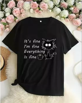 Футболка с буквенным принтом больших размеров, повседневная футболка с круглым вырезом и короткими рукавами, женская одежда больших размеров 1XL чёрный