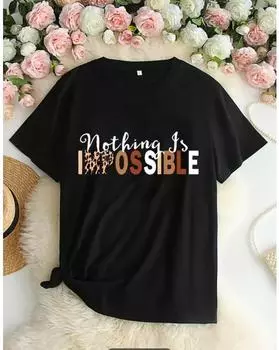 Футболка с буквенным принтом больших размеров, повседневная футболка с круглым вырезом и короткими рукавами, женская одежда больших размеров 1XL чёрный