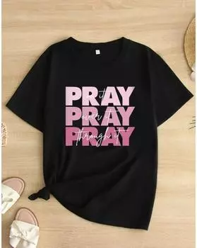 Футболка с буквенным принтом больших размеров, повседневный топ с круглым вырезом и короткими рукавами на весну и лето, женская одежда больших размеров 1XL чёрный