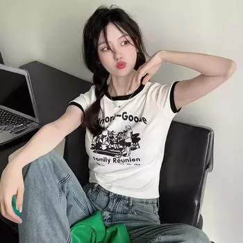 Футболка с буквенным принтом для женщин, летняя, облегающая, с круглым вырезом и короткими рукавами M белый