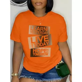 футболка с буквенным принтом, короткий рукав, круглый вырез, повседневный топ для лета и весны, женская одежда S