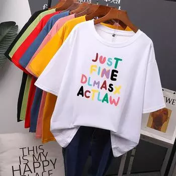 Футболка с буквенным принтом, женская летняя новая хлопковая футболка Harajuku Kawaii, футболка больших размеров с коротким рукавом, повседневный женский топ M чёрный