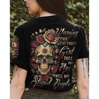 Футболка с черепом, женский летний топ с круглым вырезом, 3D-принт, короткий рукав, пуловер, модная уличная одежда, свободная одежда больших размеров 2024 S