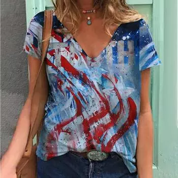 Футболка с цифровым принтом ко Дню независимости, женская, с V-образным вырезом, с 3D-принтом, большого размера, повседневная футболка S
