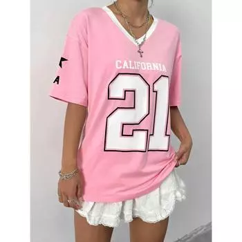 Футболка с цифровым принтом, V-образным вырезом, свободный топ, модная уличная одежда, спортивная одежда, футболка с коротким рукавом XS