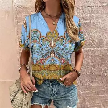 Футболка с цветком кешью Harajuku, повседневная женская футболка с коротким рукавом, модная футболка с v-образным вырезом, женская одежда большого размера S