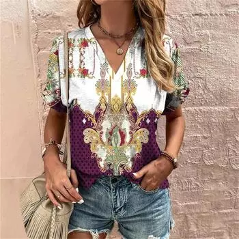 Футболка с цветком кешью Harajuku, повседневная женская футболка с коротким рукавом, модная футболка с v-образным вырезом, женская одежда большого размера S