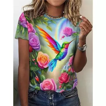 Футболка с цветным принтом колибри, повседневный топ с круглым вырезом и короткими рукавами для весны и лета, женская одежда S