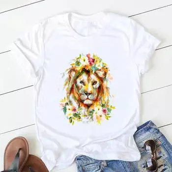 Футболка с цветным принтом льва/жирафа/зебры/кошки/птицы/коровы и цветами 3D, женская летняя модная футболка S
