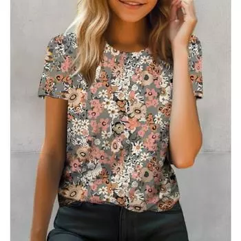 Футболка с цветочным 3D принтом, летняя женская одежда, топы с круглым вырезом, повседневные футболки с короткими рукавами S
