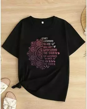 Футболка с цветочным и буквенным принтом больших размеров, повседневный топ с коротким рукавом для весны и лета, женская одежда больших размеров 1XL чёрный