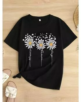 Футболка с цветочным и буквенным принтом больших размеров, повседневный топ с коротким рукавом для весны и лета, женская одежда больших размеров 1XL чёрный