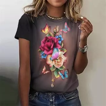 Футболка с цветочным принтом 3D для женщин, графические футболки с букетом, летние повседневные футболки Harajuku с короткими рукавами и круглым вырезом S