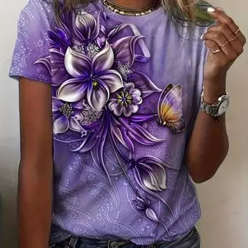Футболка с цветочным принтом 3D, женская мода, футболки с круглым вырезом, топы с коротким рукавом, футболки с изображением растений и цветов, свободная одежда, элегантный размер 5XL S