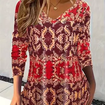 Футболка с цветочным принтом больших размеров, повседневная футболка с длинным рукавом и V-образным вырезом, женская одежда больших размеров S