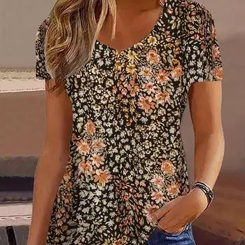 Футболка с цветочным принтом больших размеров, повседневная футболка с коротким рукавом и V-образным вырезом, женская одежда больших размеров S