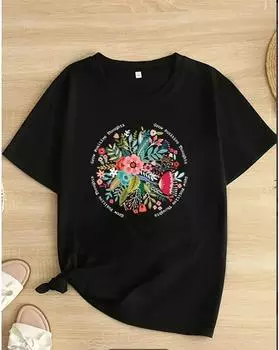 Футболка с цветочным принтом больших размеров, повседневный топ с коротким рукавом для весны и лета, женская одежда больших размеров 1XL чёрный
