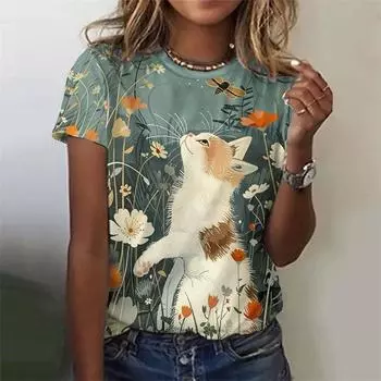 Футболка с цветочным принтом для женщин, 3D-принт, короткий рукав, круглый вырез горловины, мультяшный кот, повседневная мода, короткий рукав XS