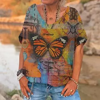 Футболка с цветочным принтом для женщин, летние топы с круглым вырезом и короткими рукавами, свободные пуловеры с v-образным вырезом, женские повседневные женские костюмы в стиле Харадзюку S