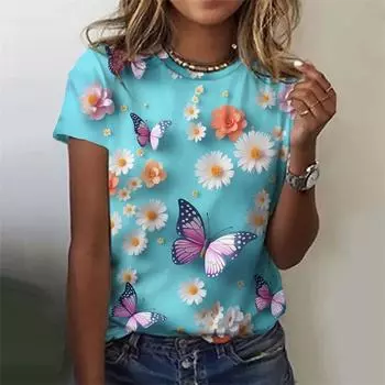Футболка с цветочным принтом для женщин, забавные цветные футболки с 3D-принтом, летние свободные топы, футболки с короткими рукавами и круглым вырезом, уличная одежда S