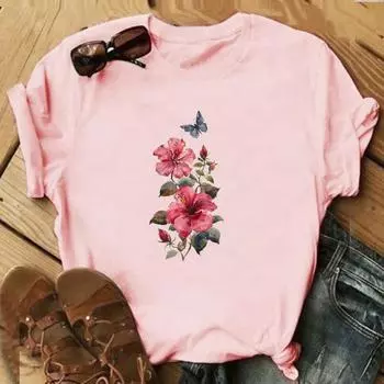 Футболка с цветочным принтом и бабочкой, модная футболка 90-х годов, милая милая одежда, повседневная женская футболка с коротким рукавом и принтом, женская женская футболка с графикой S