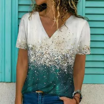 Футболка с цветочным принтом и блестками, 3D принт, новая женская футболка с v-образным вырезом и короткими рукавами, топы Y2k, уличная одежда, большие футболки в стиле Харадзюку, женская одежда S