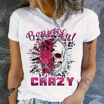 Футболка с цветочным принтом и черепом, короткий рукав, круглый вырез, повседневный топ для лета и весны, женская одежда, белые графические футболки в стиле Харадзюку S