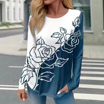 Футболка с цветочным принтом и круглым вырезом в стиле колор-блок на весну и осень, повседневный топ с длинными рукавами для женщин, футболки S