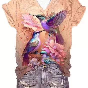 Футболка с цветочным принтом и птицами, удобная, с короткими рукавами, свободный крой для повседневной носки, для женщин, одежда больших размеров S