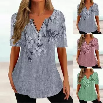 Футболка с цветочным принтом и пуговицами спереди, повседневная летняя футболка с коротким рукавом, женская одежда S розовый
