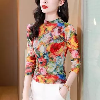 Футболка с цветочным принтом и сеткой, женская осенняя облегающая футболка с длинным рукавом, пуловер M