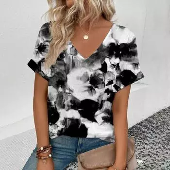 Футболка с цветочным принтом, модная повседневная женская футболка с коротким рукавом 2025 года, летняя женская футболка с V-образным вырезом, удобная футболка большого размера S