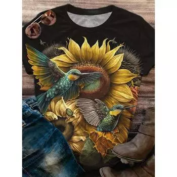 Футболка с цветочным принтом «Подсолнух» для женщин, футболки с 3D-принтом, летние свободные топы с короткими рукавами, фирменные футболки с круглым вырезом L