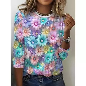 Футболка с цветочным принтом, повседневный топ с круглым вырезом и короткими рукавами для весны и летаЖенская одежда S