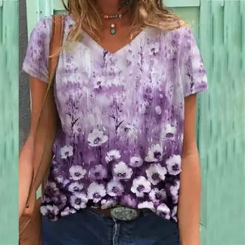 Футболка с цветочным принтом размера XL-7XL, женская футболка с короткими рукавами и V-образным вырезом 6XL