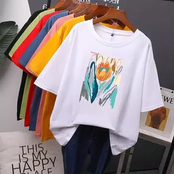 Футболка с цветочным принтом, винтажные футболки большого размера, женская уличная одежда, женские топы, футболки M чёрный