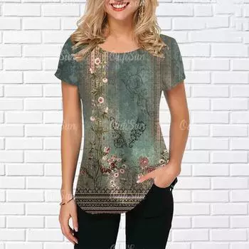 Футболка с цветочным принтом Y2k для женщин в стиле Харадзюку, женская летняя одежда с круглым вырезом, повседневные топы с коротким рукавом, женская свободная блузка S
