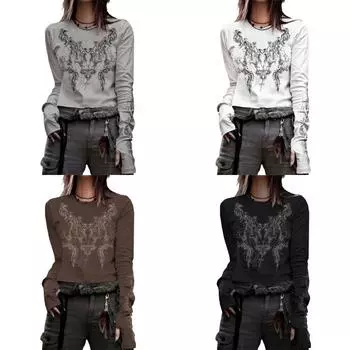 Футболка с цветочным принтом Y2k, с круглым вырезом и длинным рукавом, симпатичная базовая повседневная футболка в стиле Харадзюку для женщин, наряды на весну и осень, футболка в стиле 90-х, шикарные топы S белый