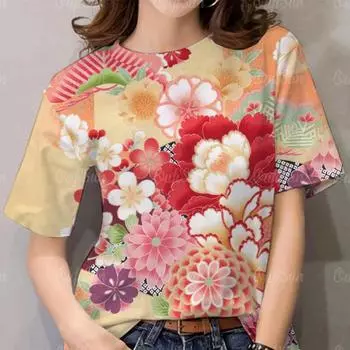 Футболка с цветочным принтом Женская футболка Летняя повседневная одежда Harajuku Футболка Hundred Street Дышащий топ S