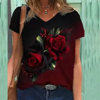 Футболка с цветочным принтом, женская футболка с короткими рукавами и V-образным вырезом S
