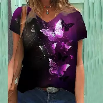 Футболка с цветочным принтом, женская футболка с короткими рукавами и V-образным вырезом S