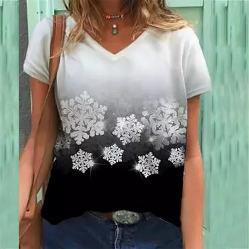 Футболка с цветочным принтом, женская футболка с короткими рукавами и V-образным вырезом S