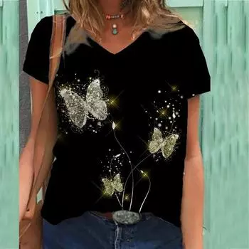 Футболка с цветочным принтом, женская футболка с короткими рукавами и V-образным вырезом S