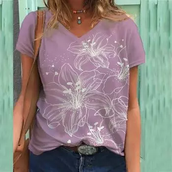 Футболка с цветочным принтом, женская футболка с короткими рукавами и V-образным вырезом S