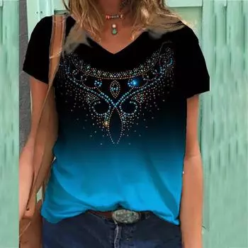 Футболка с цветочным принтом, женская футболка с короткими рукавами и V-образным вырезом S