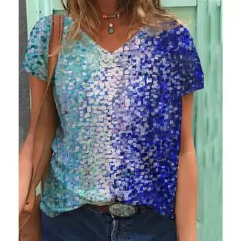 Футболка с цветочным принтом, женская футболка с короткими рукавами и V-образным вырезом S